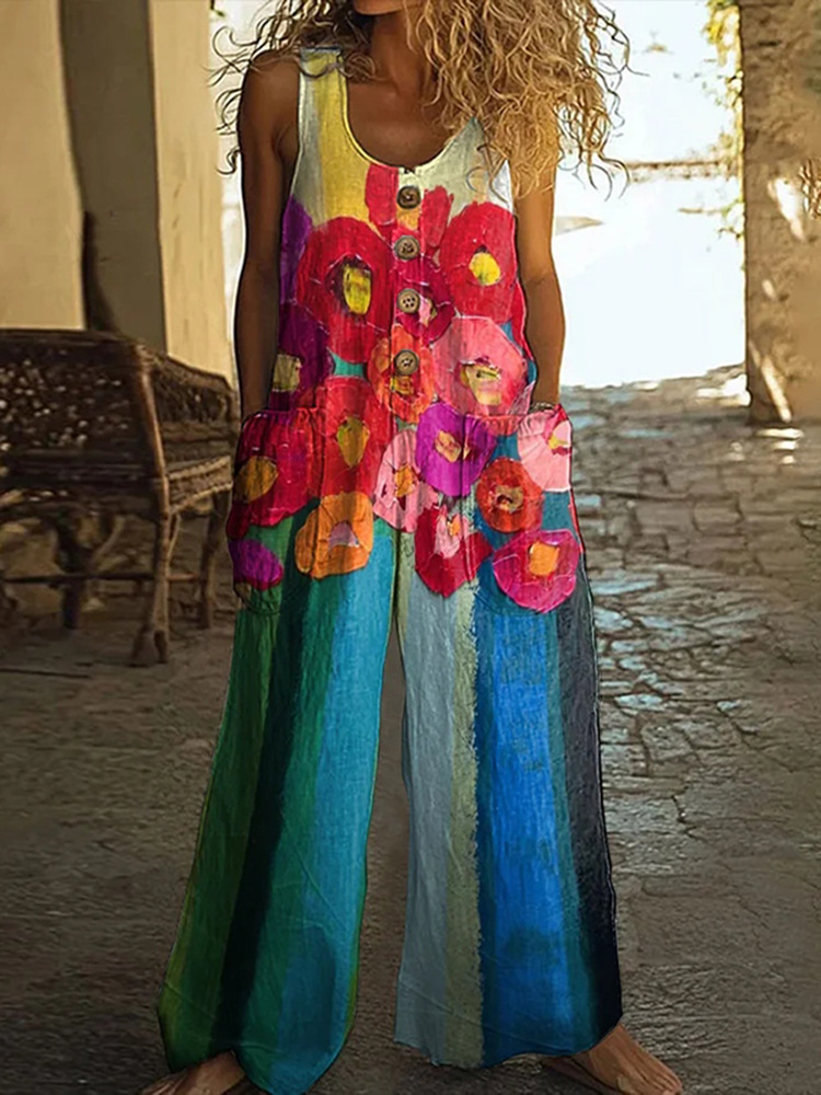 Cotton Linen Vintage Print Jumpsuit | Buy 2 for Free Shipping