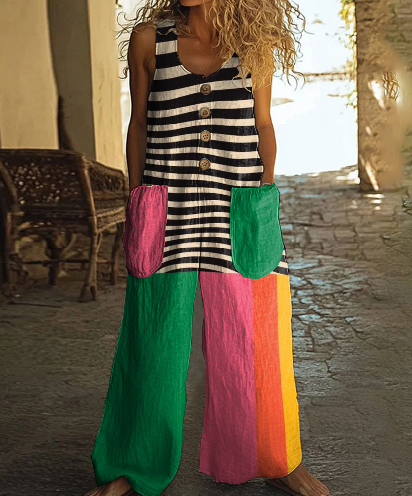 Cotton Linen Vintage Print Jumpsuit | Buy 2 for Free Shipping