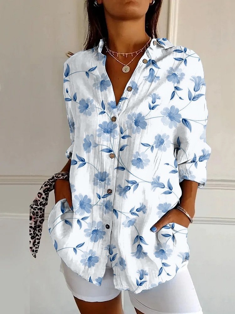 Women’s Abstract Line Cotton Linen Shirt