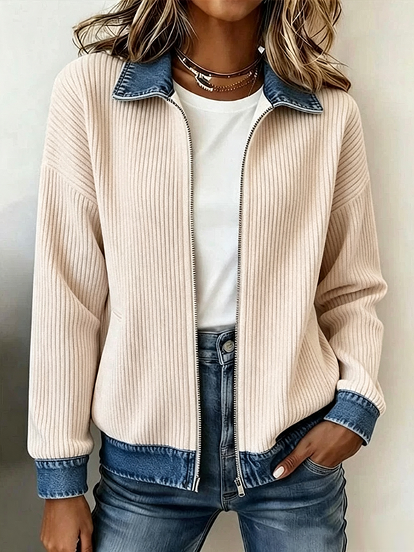 Women's Casual Ribbed Knit Zip-Up Jacket with Contrast Denim Details