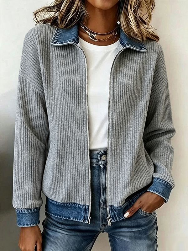 Women's Casual Ribbed Knit Zip-Up Jacket with Contrast Denim Details