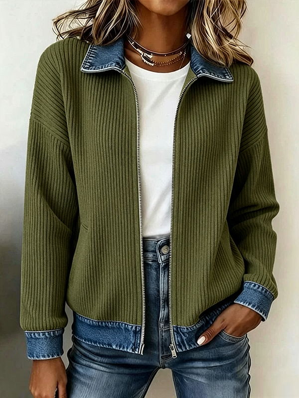 Women's Casual Ribbed Knit Zip-Up Jacket with Contrast Denim Details