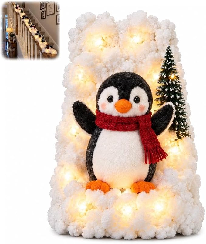 Playful Penguin Snowy Stair Railing Decor