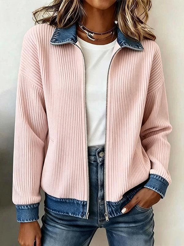 Women's Casual Ribbed Knit Zip-Up Jacket with Contrast Denim Details