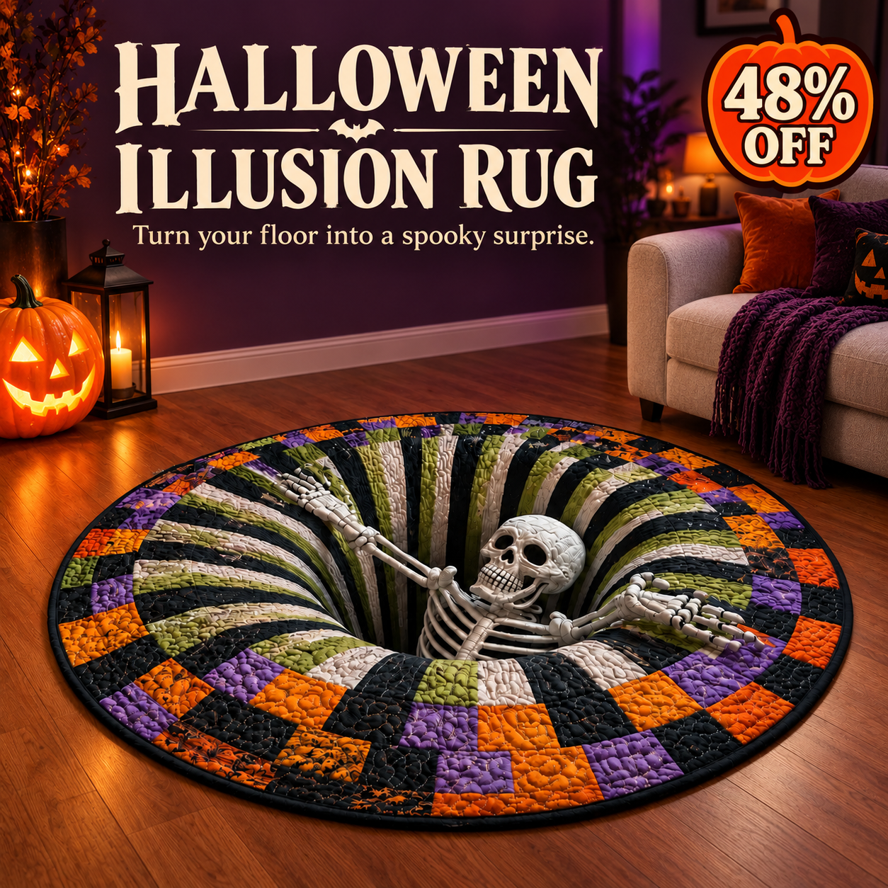 🎃3D Skeleton Vortex Quilted Round Halloween Rug