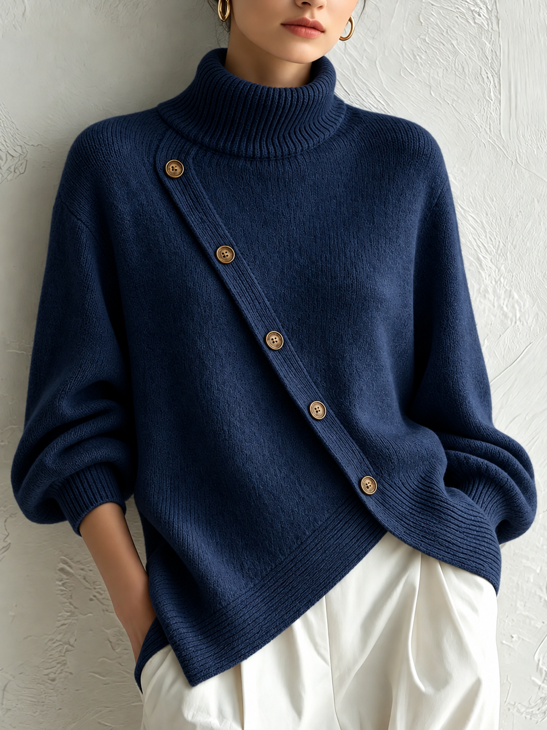 Chic Asymmetric Buttoned Turtleneck Sweater