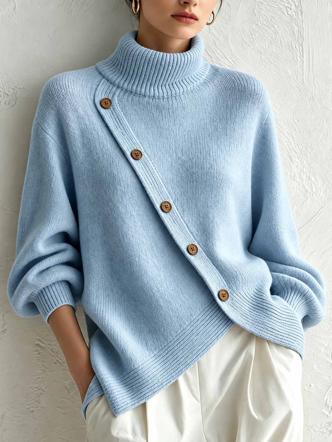 Chic Asymmetric Buttoned Turtleneck Sweater