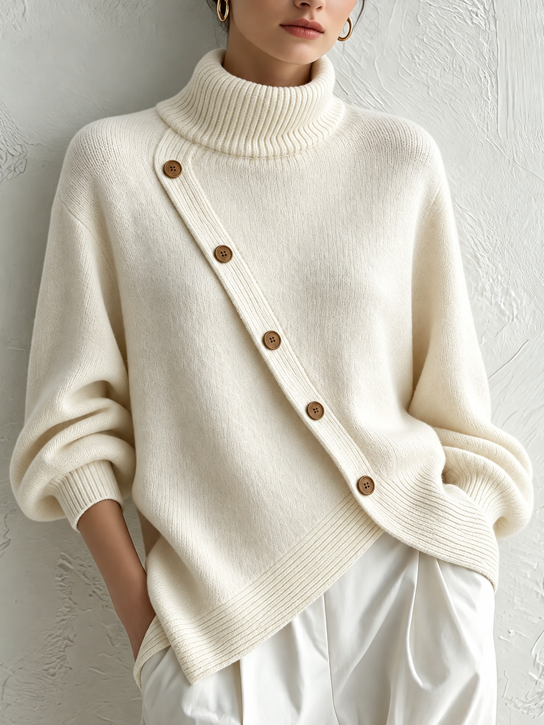 Chic Asymmetric Buttoned Turtleneck Sweater