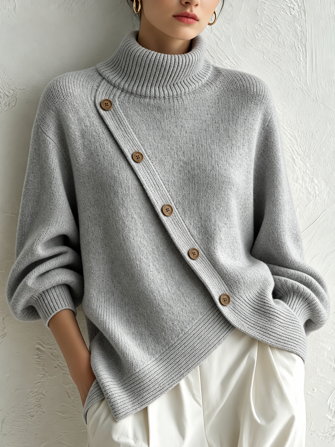 Chic Asymmetric Buttoned Turtleneck Sweater