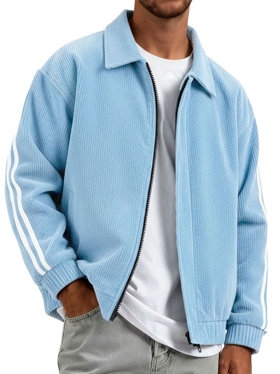 Men's Fashionable Casual Ribbed Fabric Patchwork Turn-Down Collar Zipper Jacket