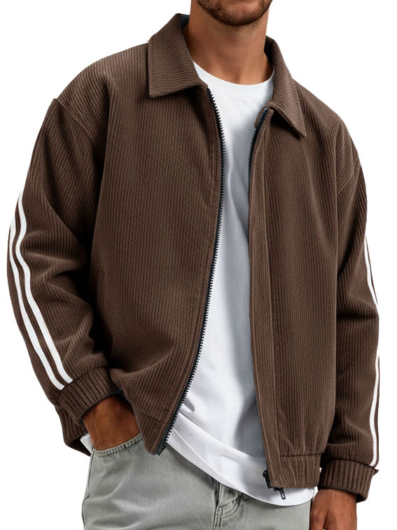 Men's Fashionable Casual Ribbed Fabric Patchwork Turn-Down Collar Zipper Jacket