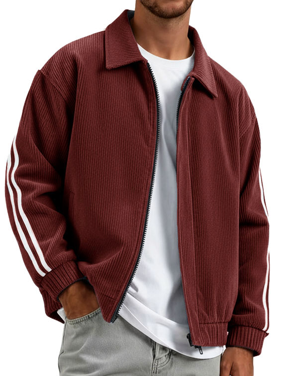 Men's Fashionable Casual Ribbed Fabric Patchwork Turn-Down Collar Zipper Jacket