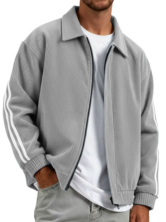 Men's Fashionable Casual Ribbed Fabric Patchwork Turn-Down Collar Zipper Jacket