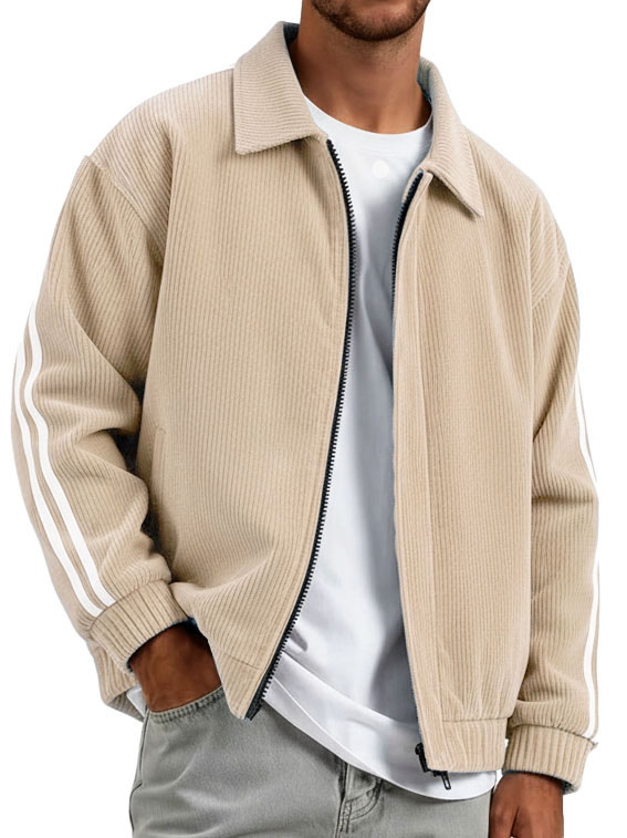 Men's Fashionable Casual Ribbed Fabric Patchwork Turn-Down Collar Zipper Jacket