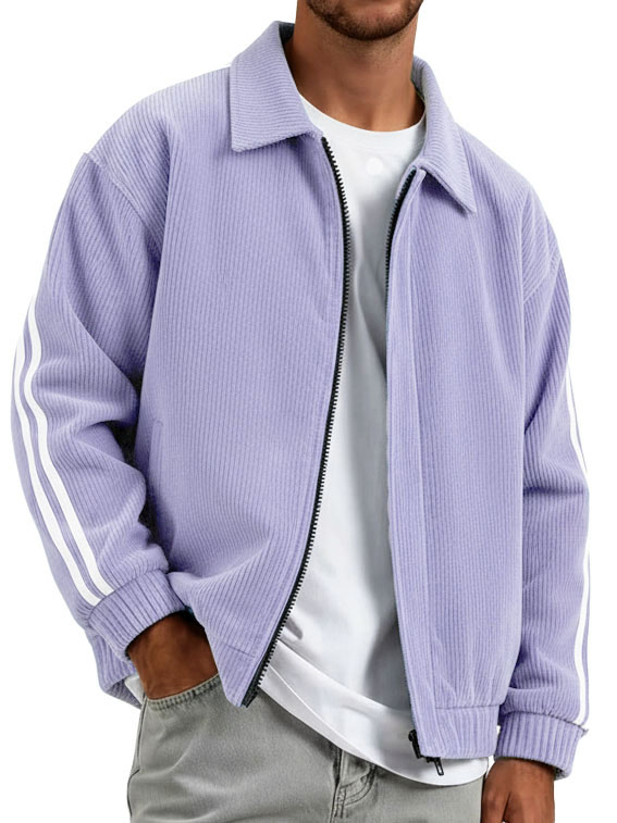 Men's Fashionable Casual Ribbed Fabric Patchwork Turn-Down Collar Zipper Jacket