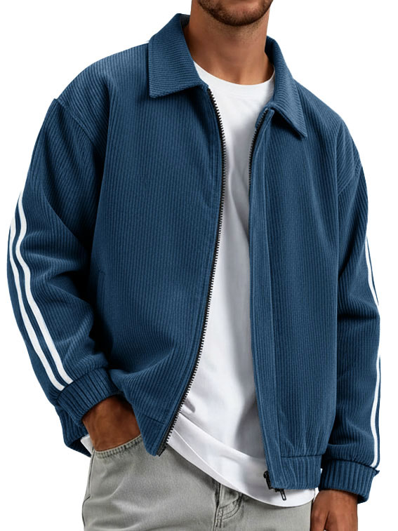 Men's Fashionable Casual Ribbed Fabric Patchwork Turn-Down Collar Zipper Jacket