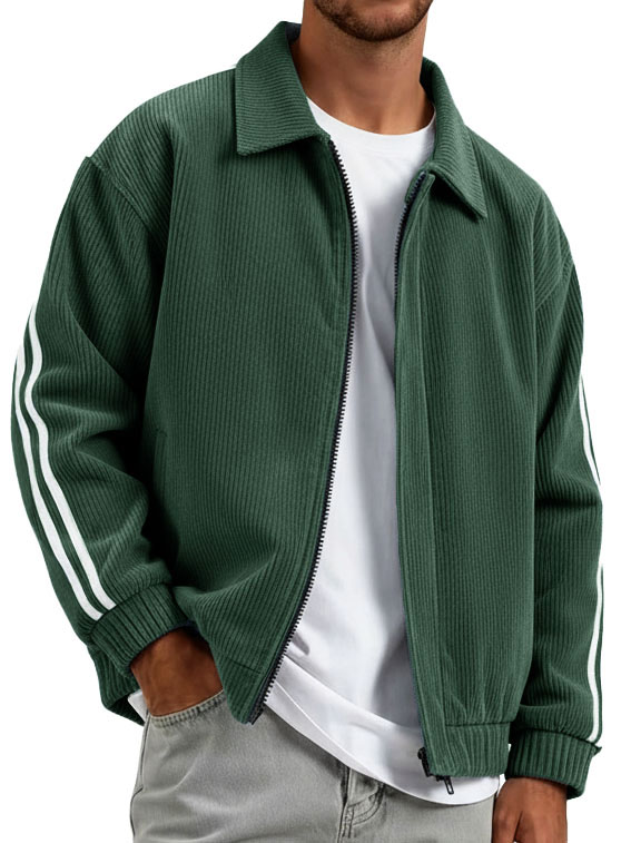 Men's Fashionable Casual Ribbed Fabric Patchwork Turn-Down Collar Zipper Jacket