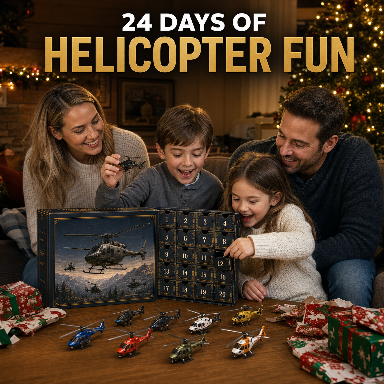 Family enjoying 24 days of helicopter fun with the Helicopter Legends Advent Calendar