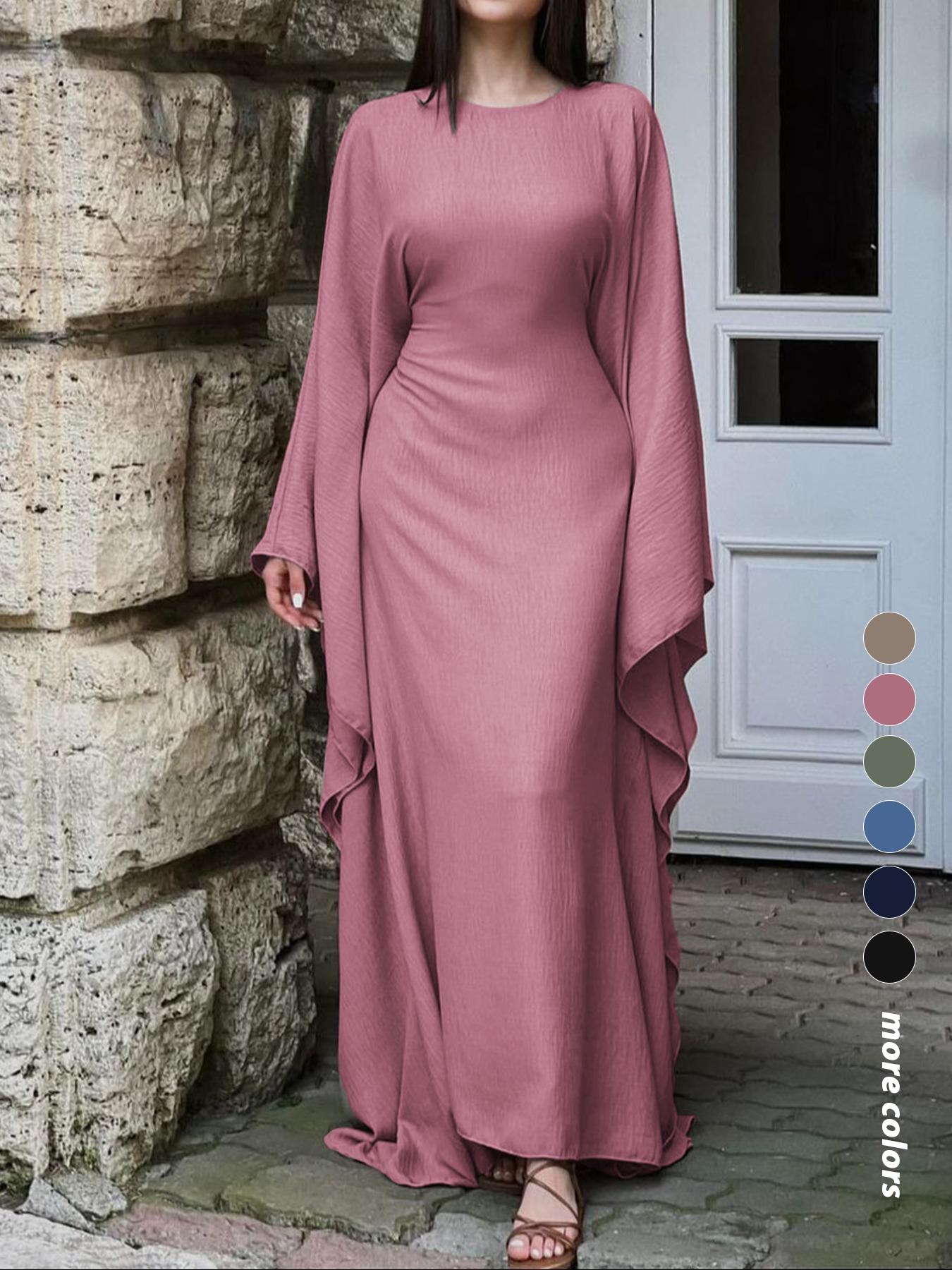 Women's Solid Color Loose-Fitting Batwing-Sleeve Long Dress, Casual Everyday Wear, Casual Daily Outfit, Womenswear, Minimalist Chic Summer Woven Fabric Dress, Perfect for Relaxed Outings