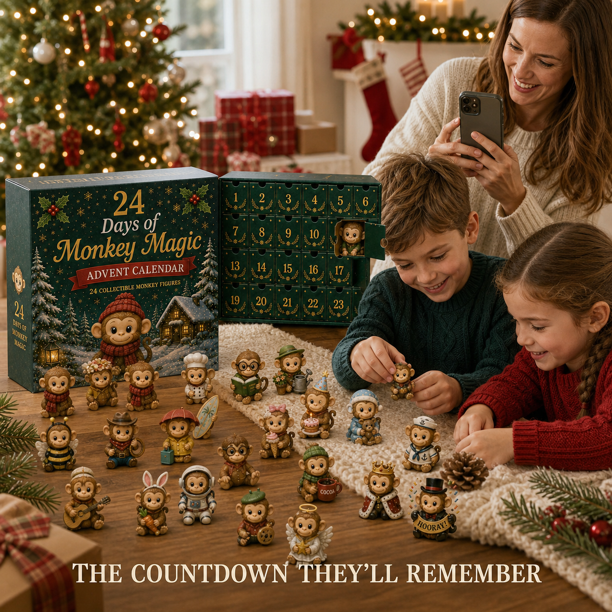 Family sharing Monkey Advent Calendar at home during Christmas