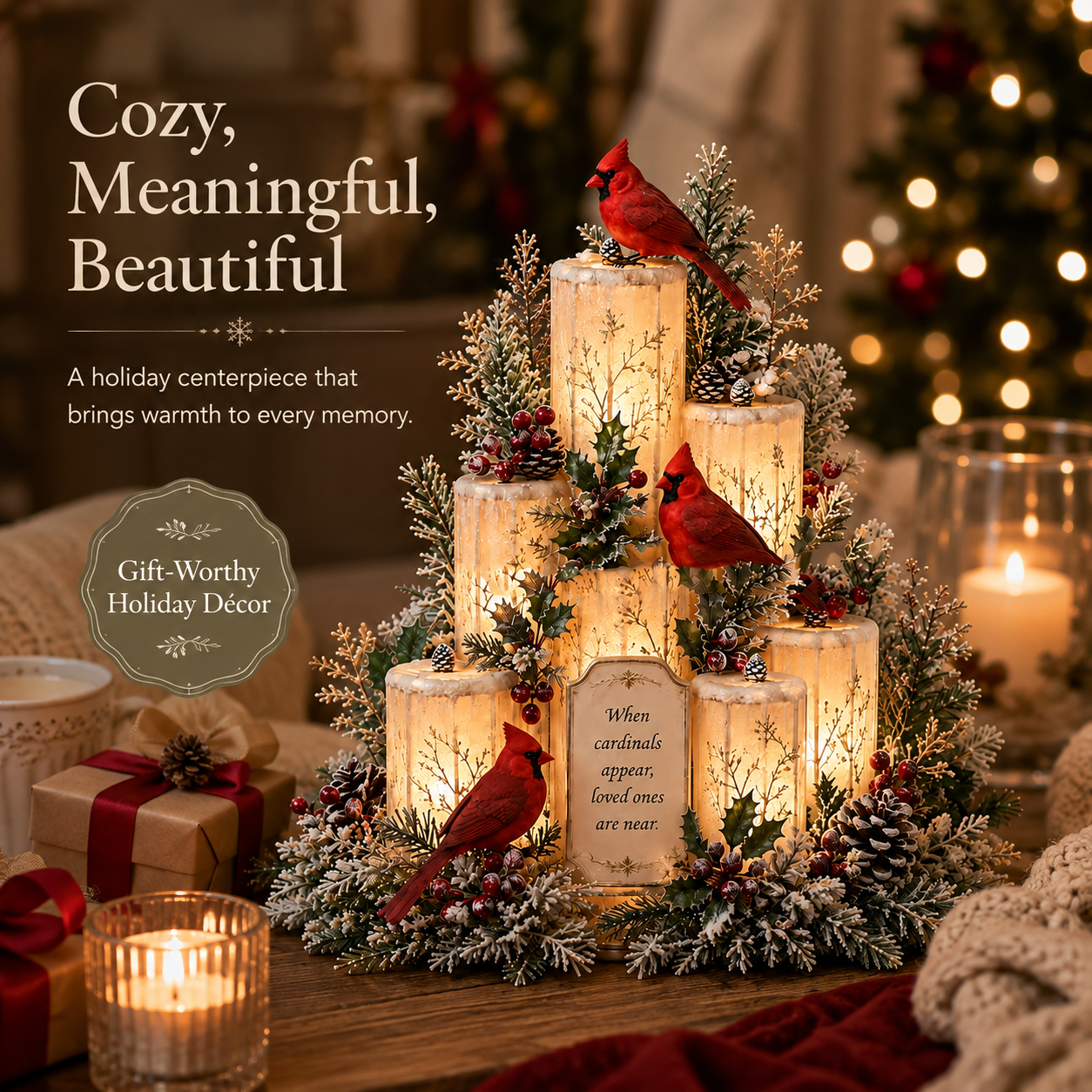 Cardinal holiday centerpiece used as meaningful Christmas decor