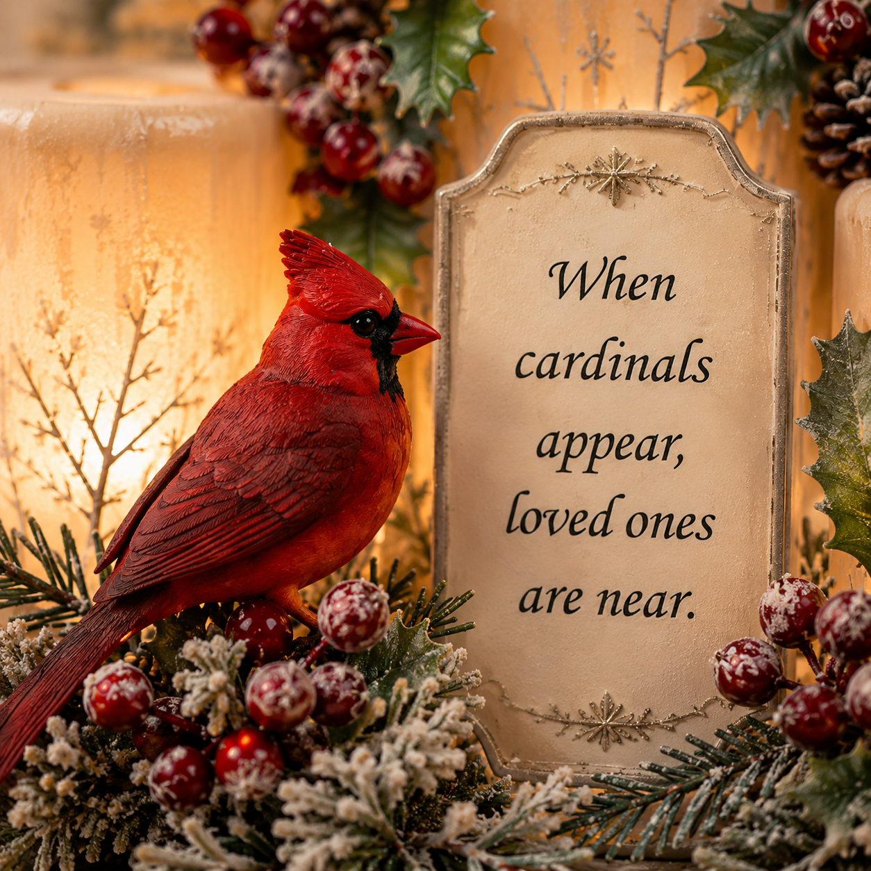 Warmly lit cardinal centerpiece in a holiday room