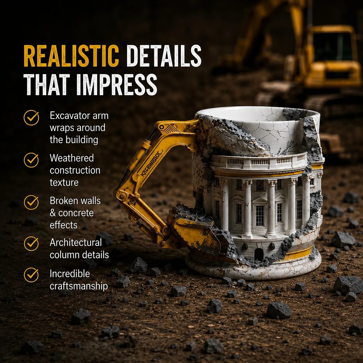 excavator mug exterior details