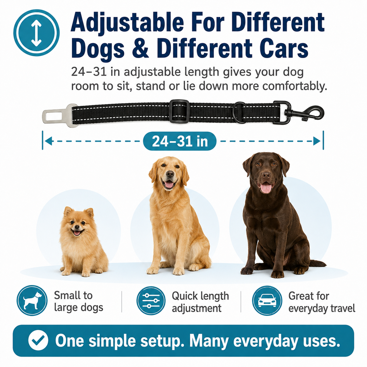 Adjustable dog car seat belt measuring approximately 24 to 31 inches