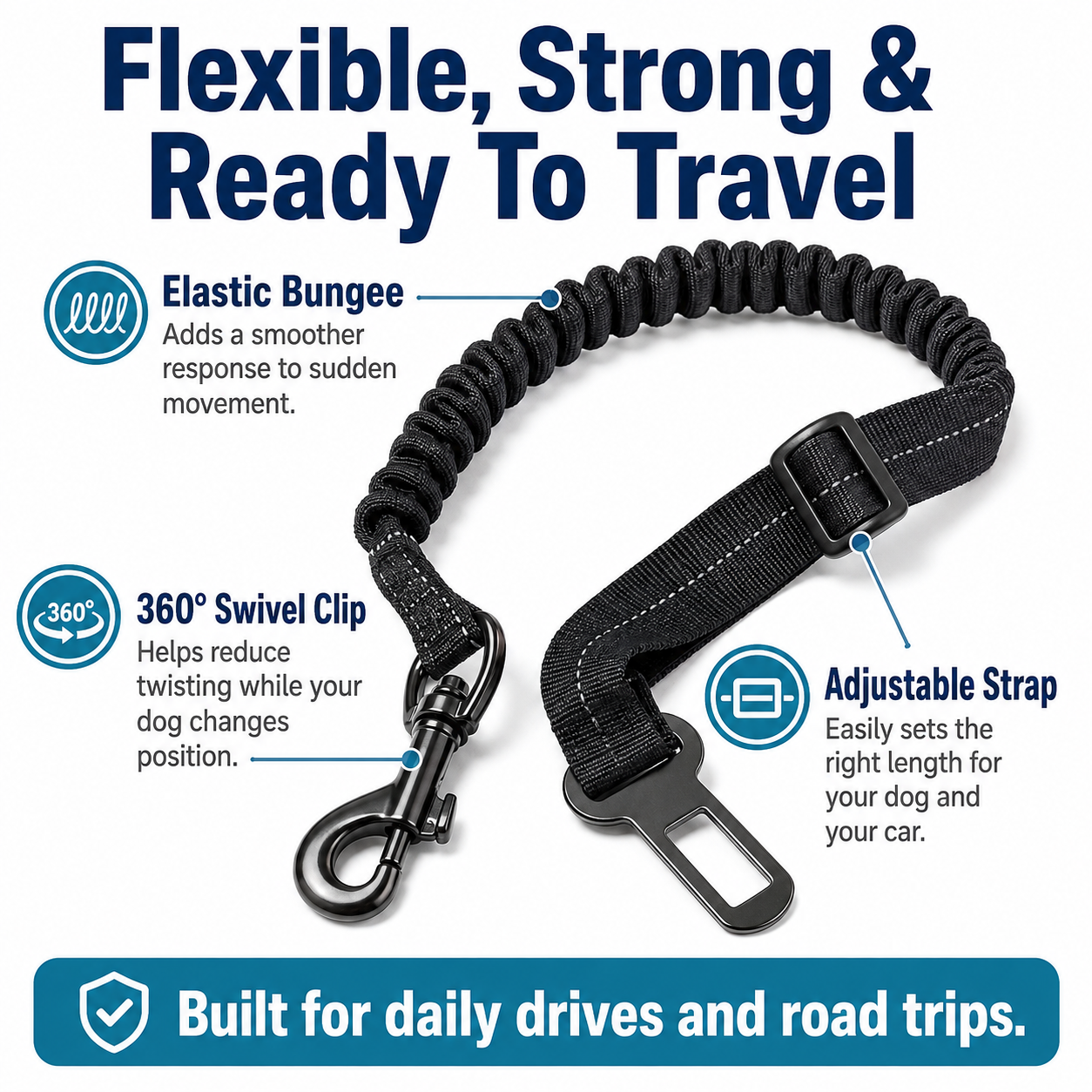 Dog car seat belt with elastic bungee rotating clip and adjustable strap