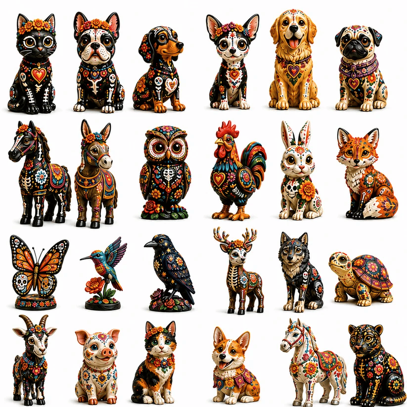 Colorful folk art animal miniatures