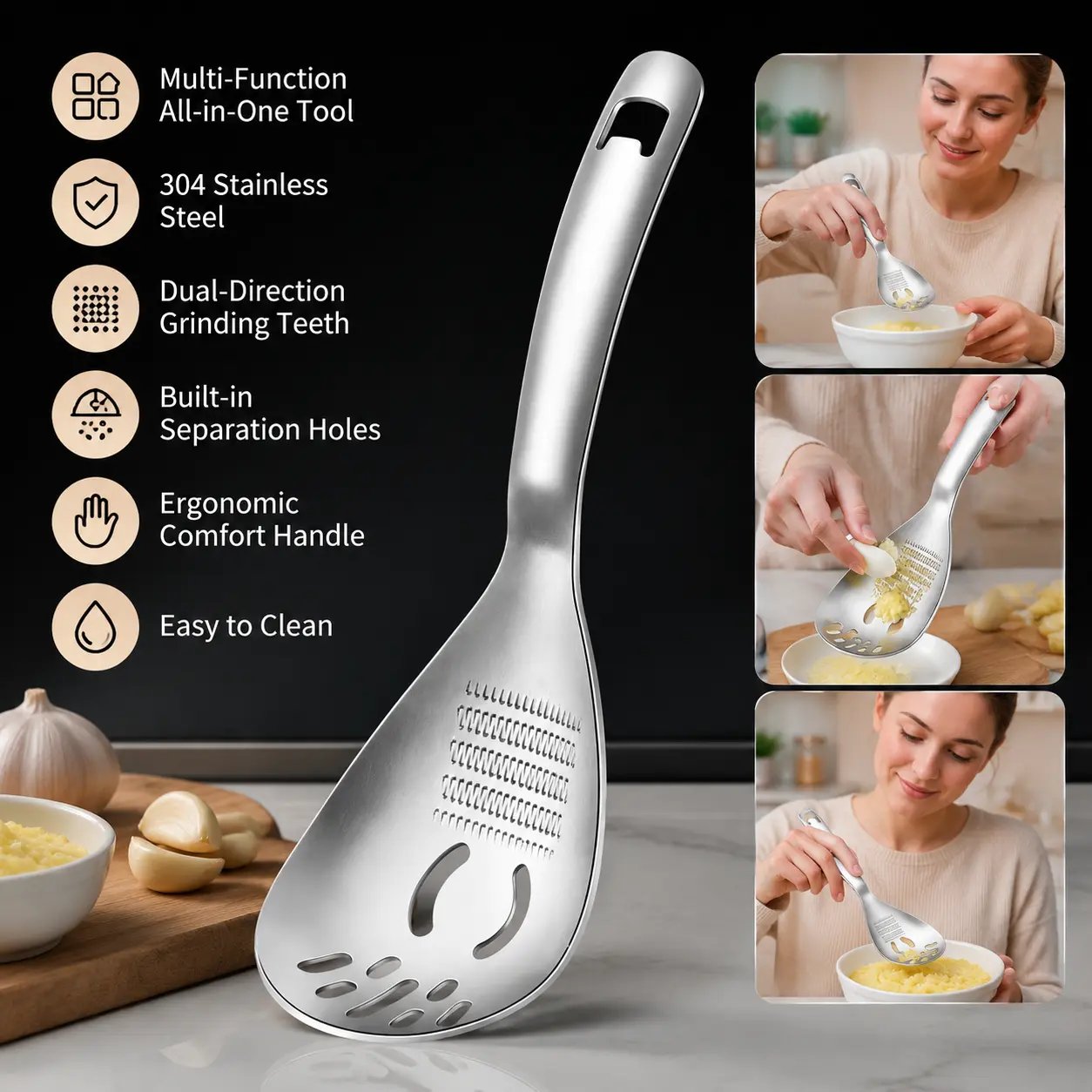 Multi-purpose stainless steel kitchen spoon functions