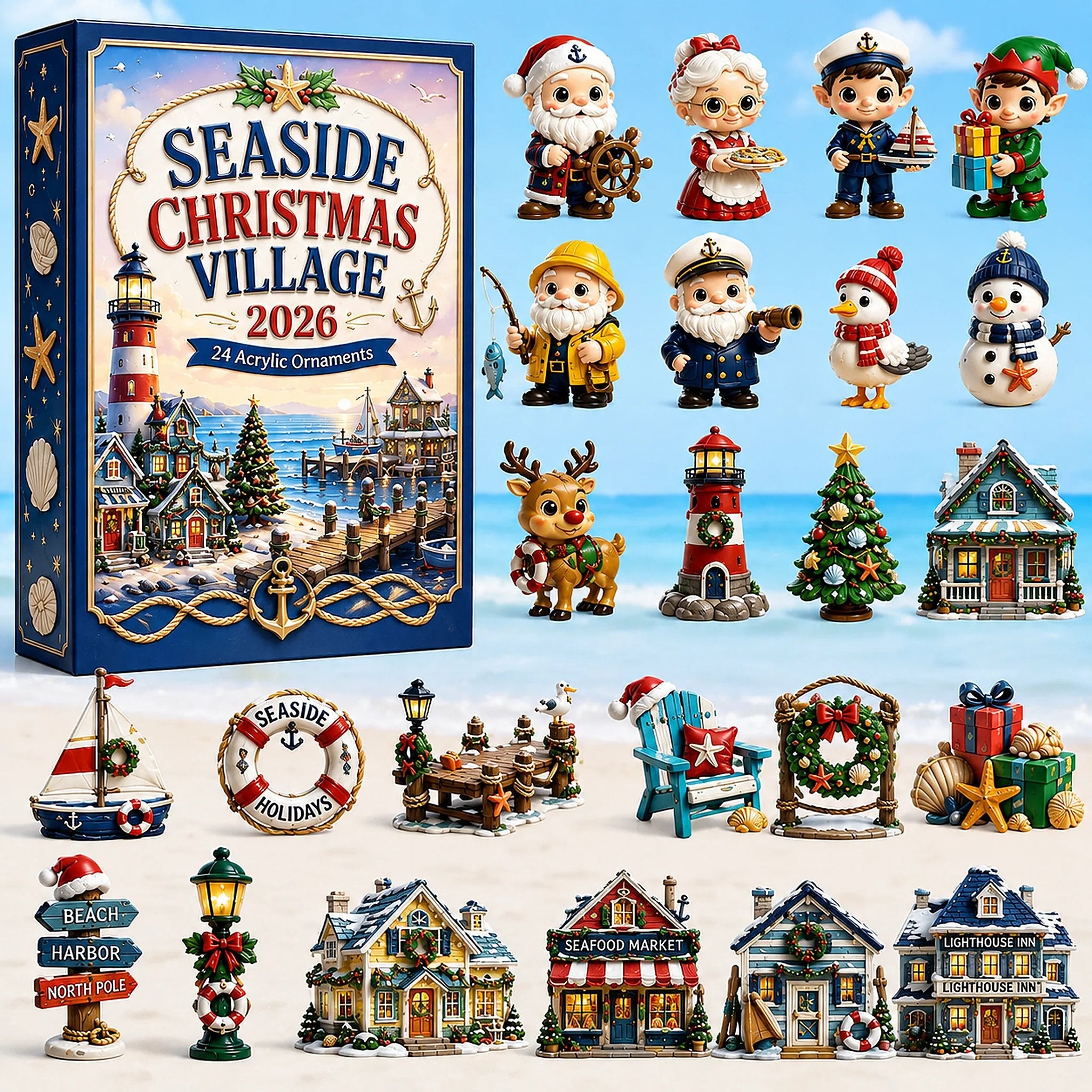 Complete Seaside Christmas Village 2026 24 acrylic ornament collection