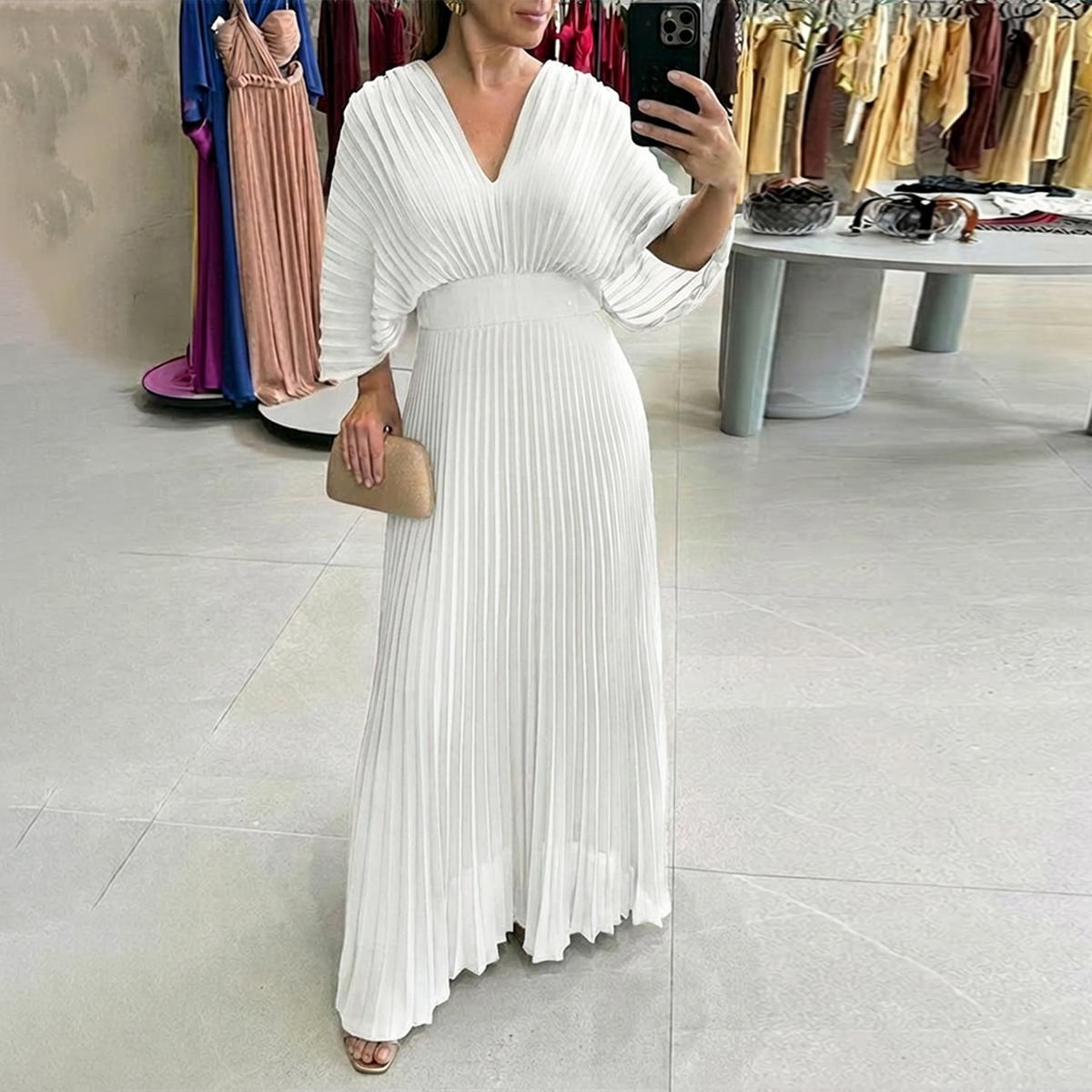 CHICME Women's Elegant Pleated Maxi Dress V Neck Flutter Sleeve Wedding Guest Dress
