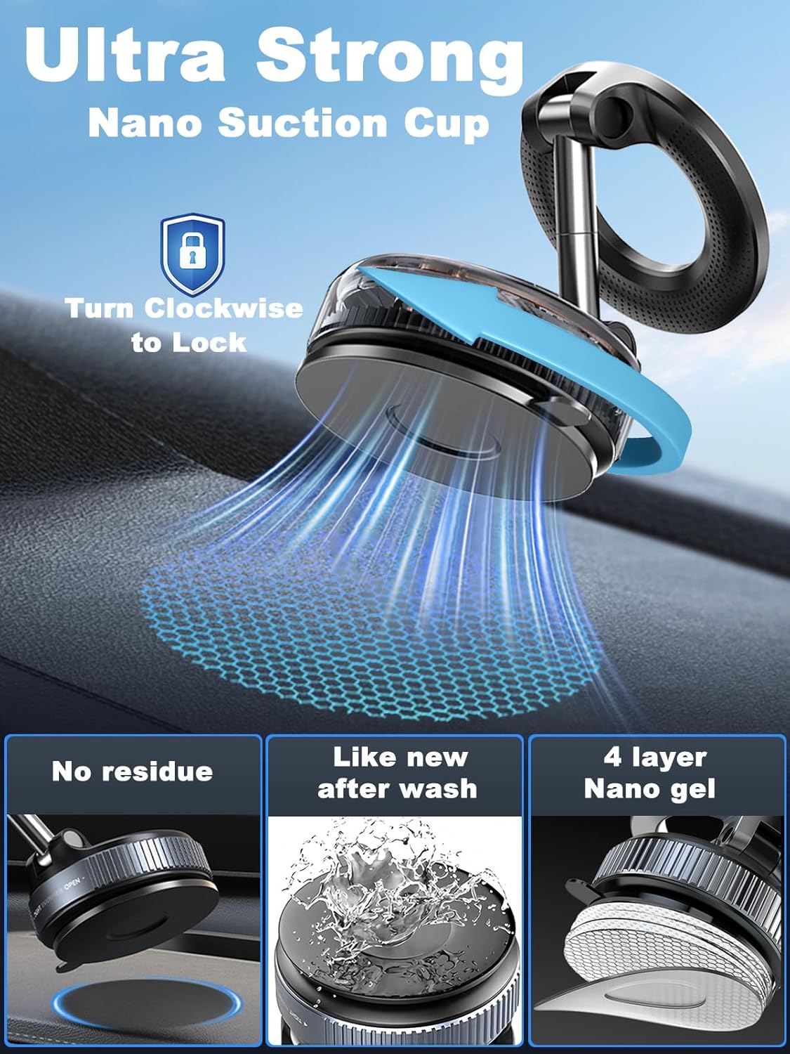 Guccqueen 2.0 Fold-Flat Magnetic Car Phone Holder - Compact Metal Secure Smartphone Holder, 20N52 Magnetic Grip, Vertical Round Mount, Vacuum Suction Cup, Heat-Resistant Nano-Adhesive Base, MagSafe Snapon Car Interior Accessory