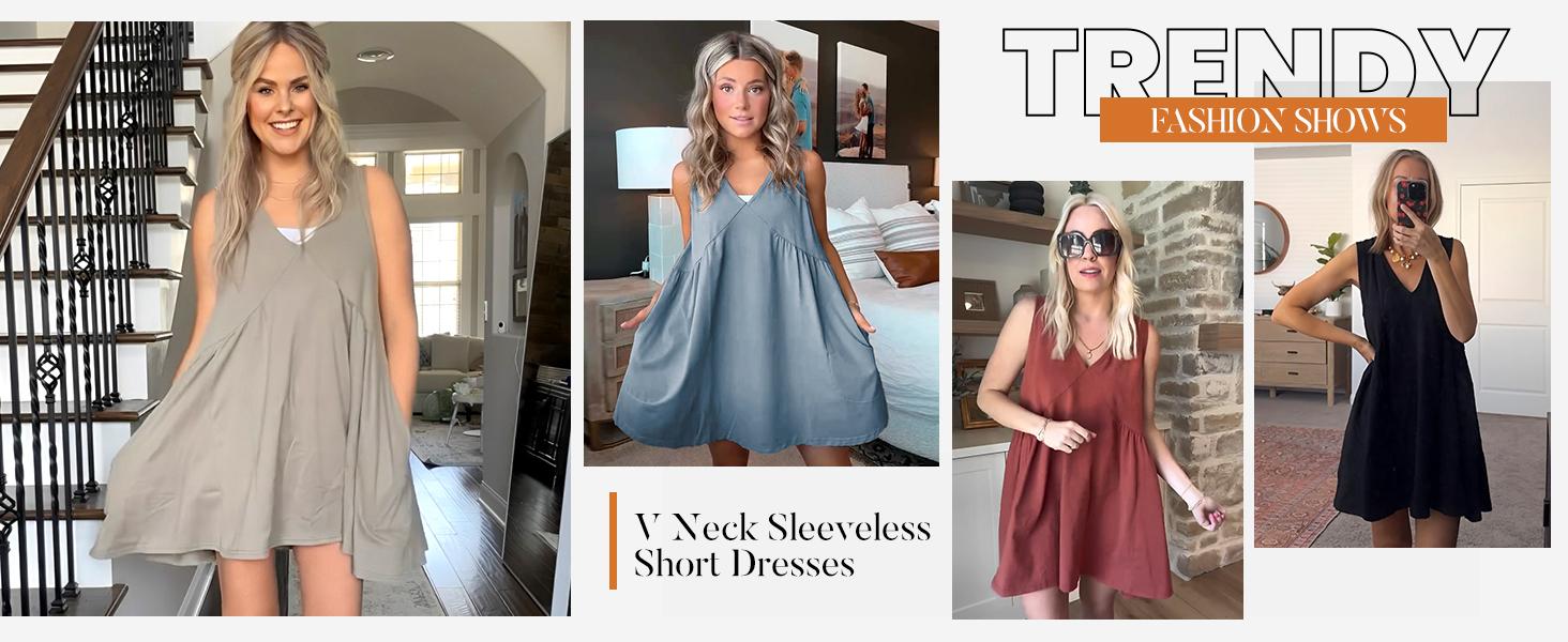 SCUSTY Women's V-Neck Tank Sundress Summer Sleeveless A-Line Mini Dress Casual Loose Dresses with Pockets