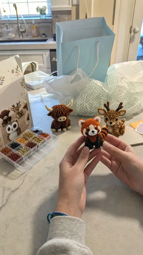 A beaded animal craft kit being given as a gift