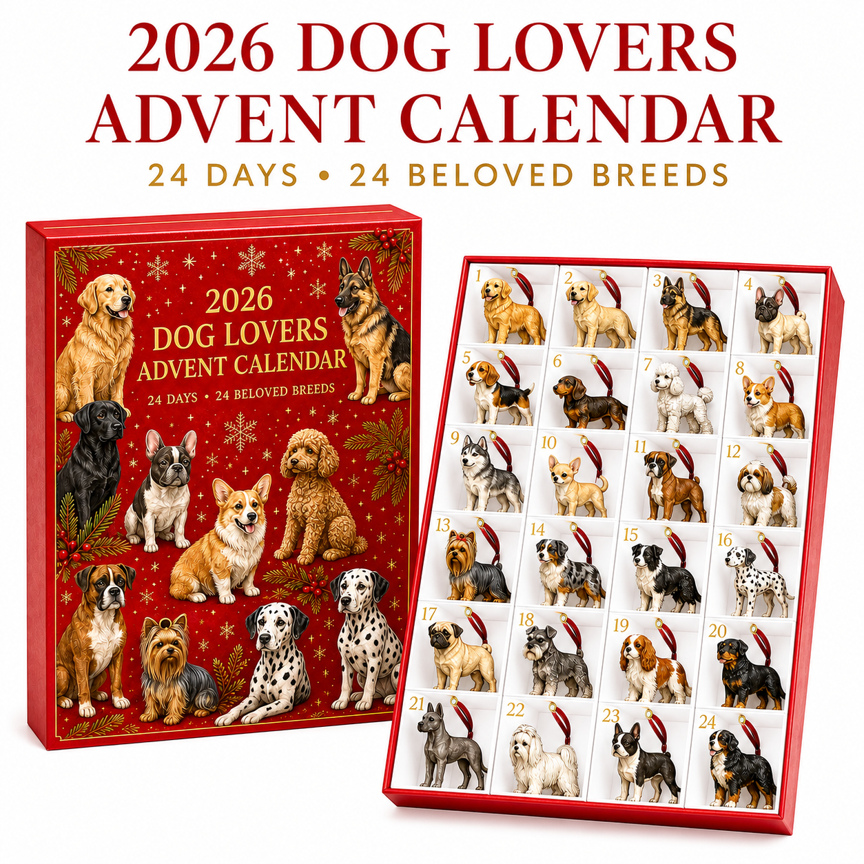 2026 Dog Lovers Advent Calendar – 24 Breed Ornaments gift and lifestyle view