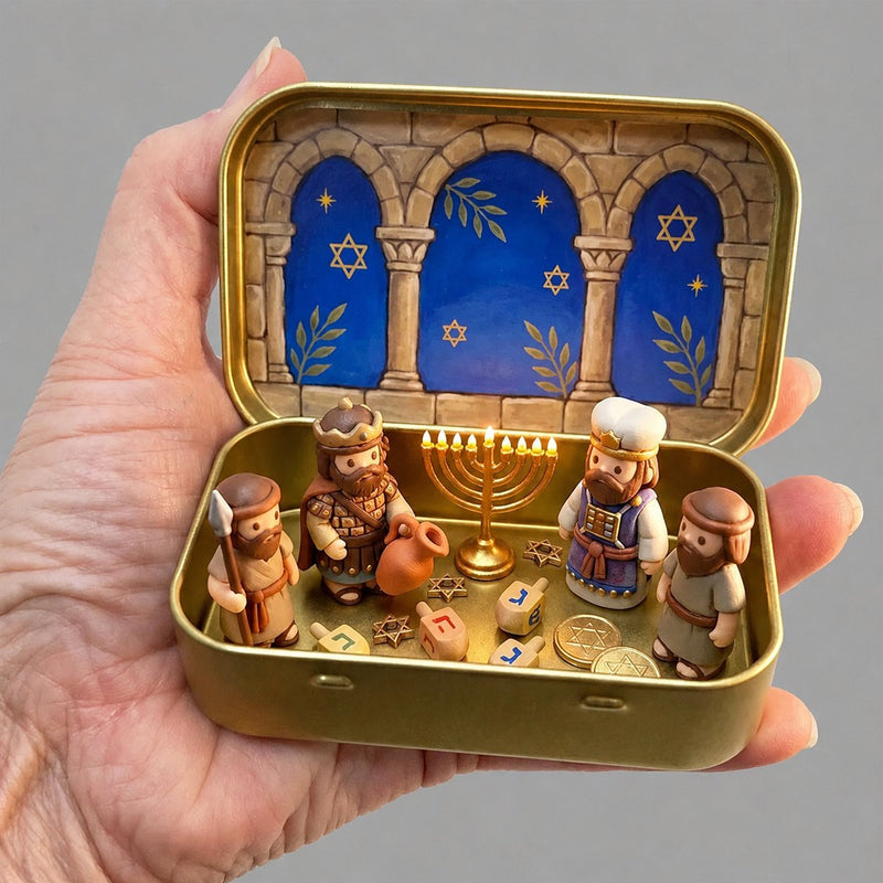 Portable golden tin Hanukkah diorama storage case