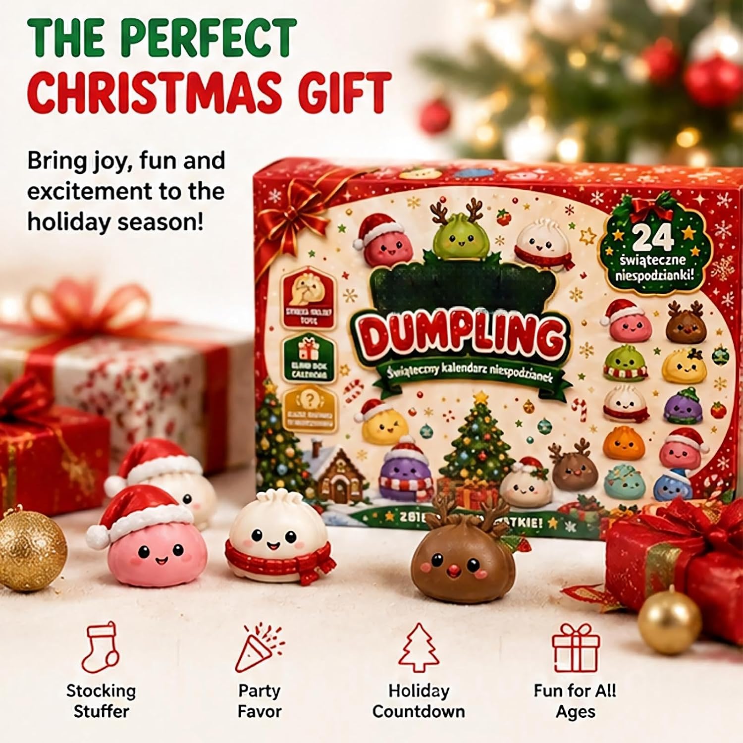 Dumpling Christmas advent calendar gift box surrounded by cute festive mini dumpling toys