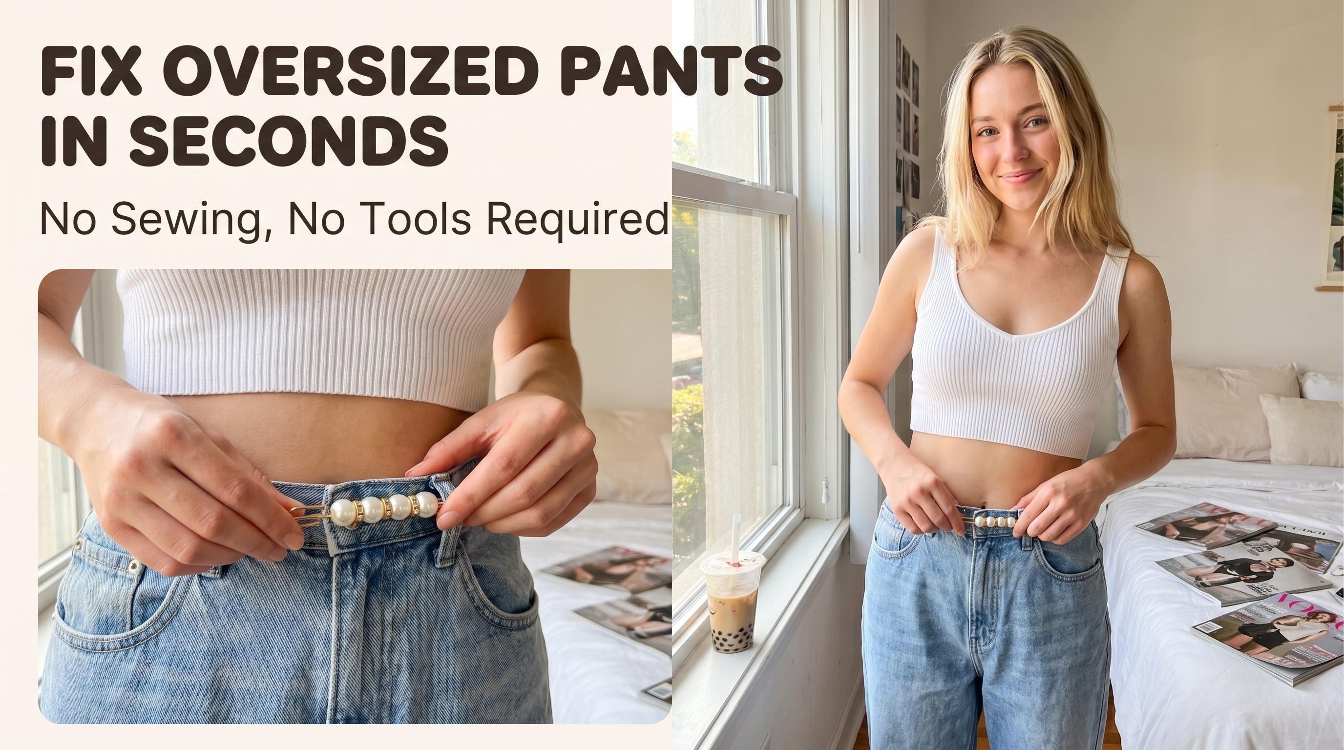 pearl waist pin used to adjust oversized jeans without sewing