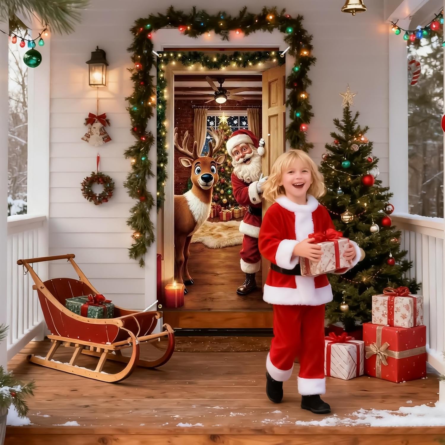 Christmas Door Cover, Funny Christmas Decorations,Stretch Fit Santa & Reindeer Door Decoration with 4-Side Elastic Edges for door Front Winter Holiday Xmas Party Decor