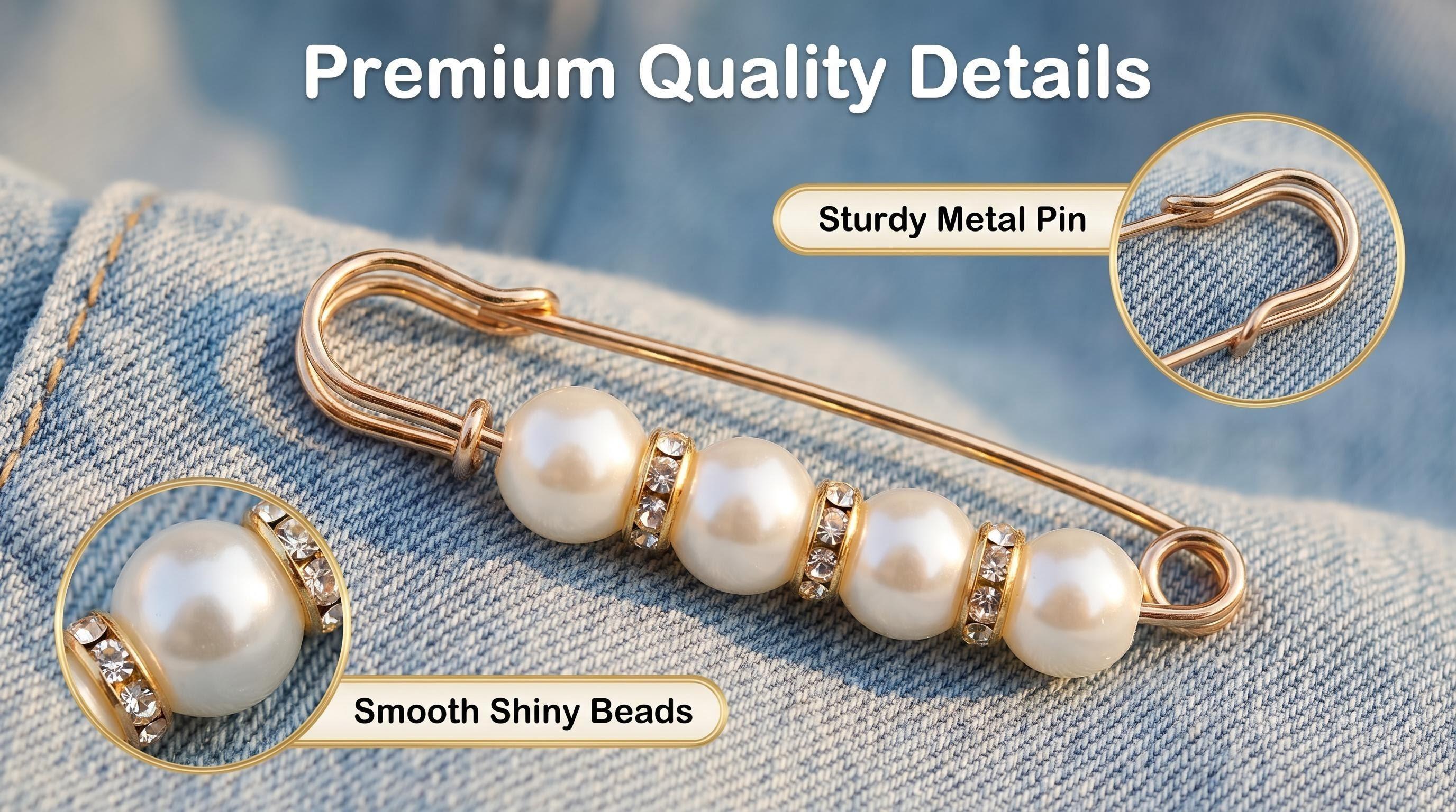close up pearl safety pin with sturdy metal construction and smooth shiny beads