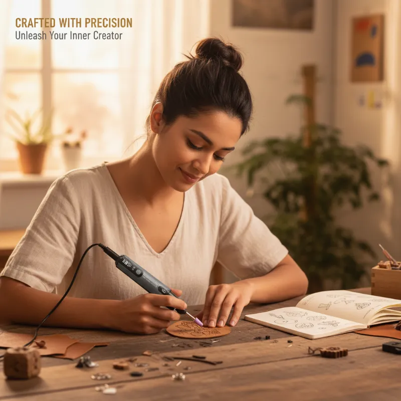 Maker using the portable rotary tool for detailed craft work