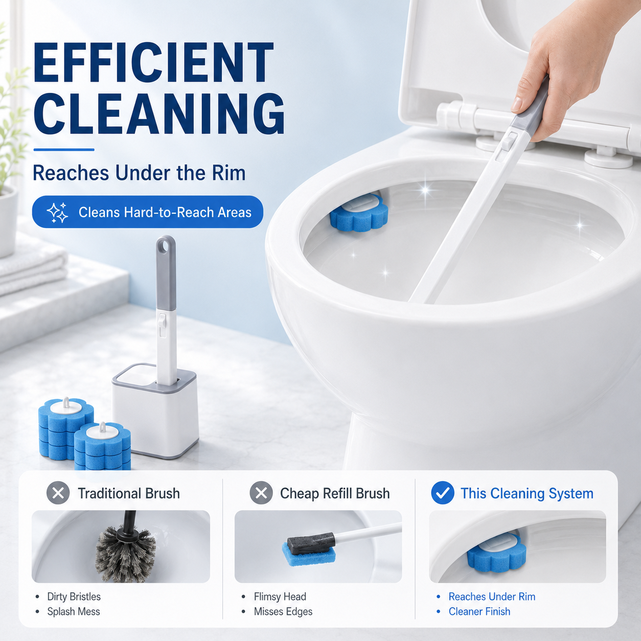 Toilet cleaning wand reaching underneath the toilet rim