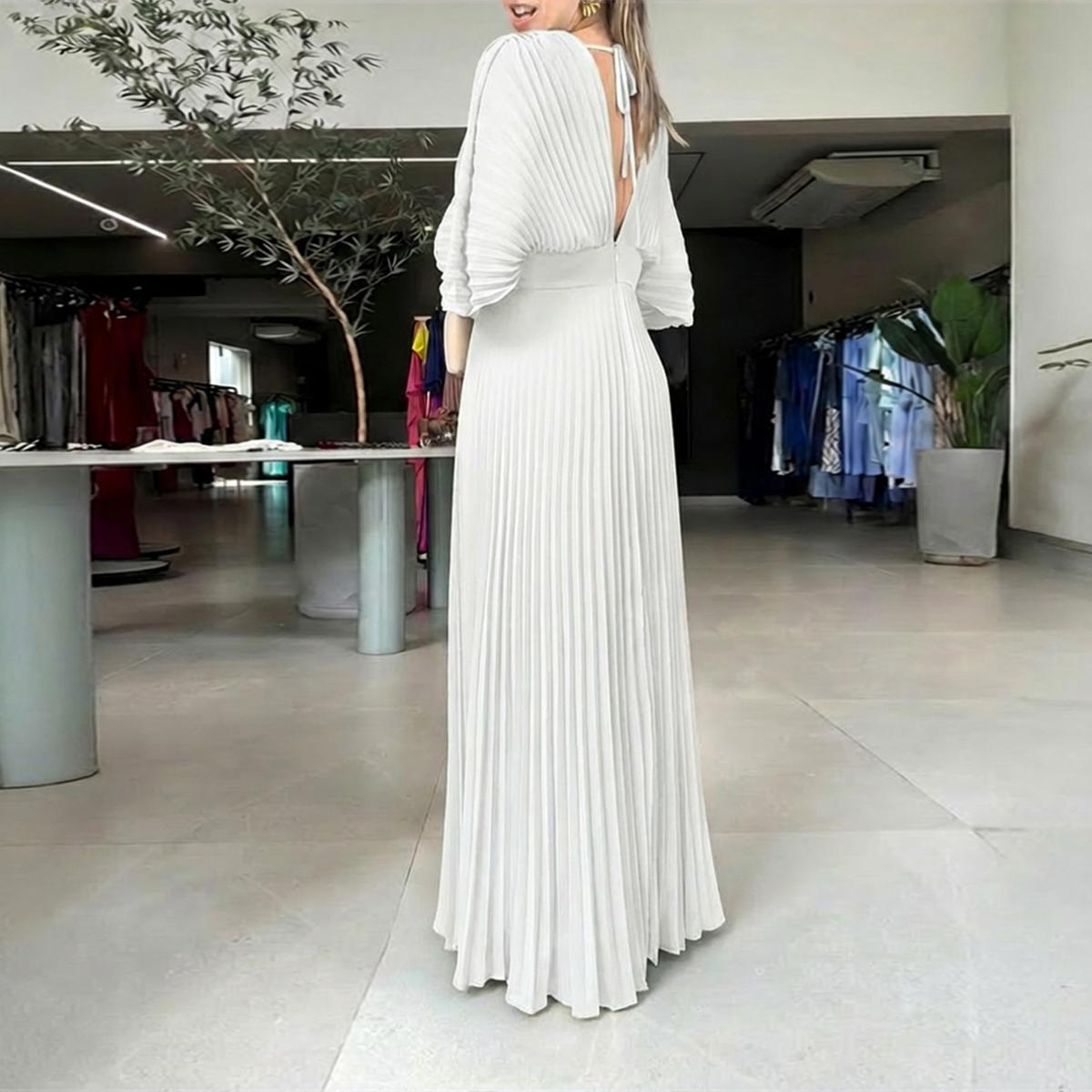 CHICME Women's Elegant Pleated Maxi Dress V Neck Flutter Sleeve Wedding Guest Dress