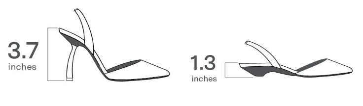 Side views of two shoes with heel heights labeled 3.7 inches and 1.3 inches.