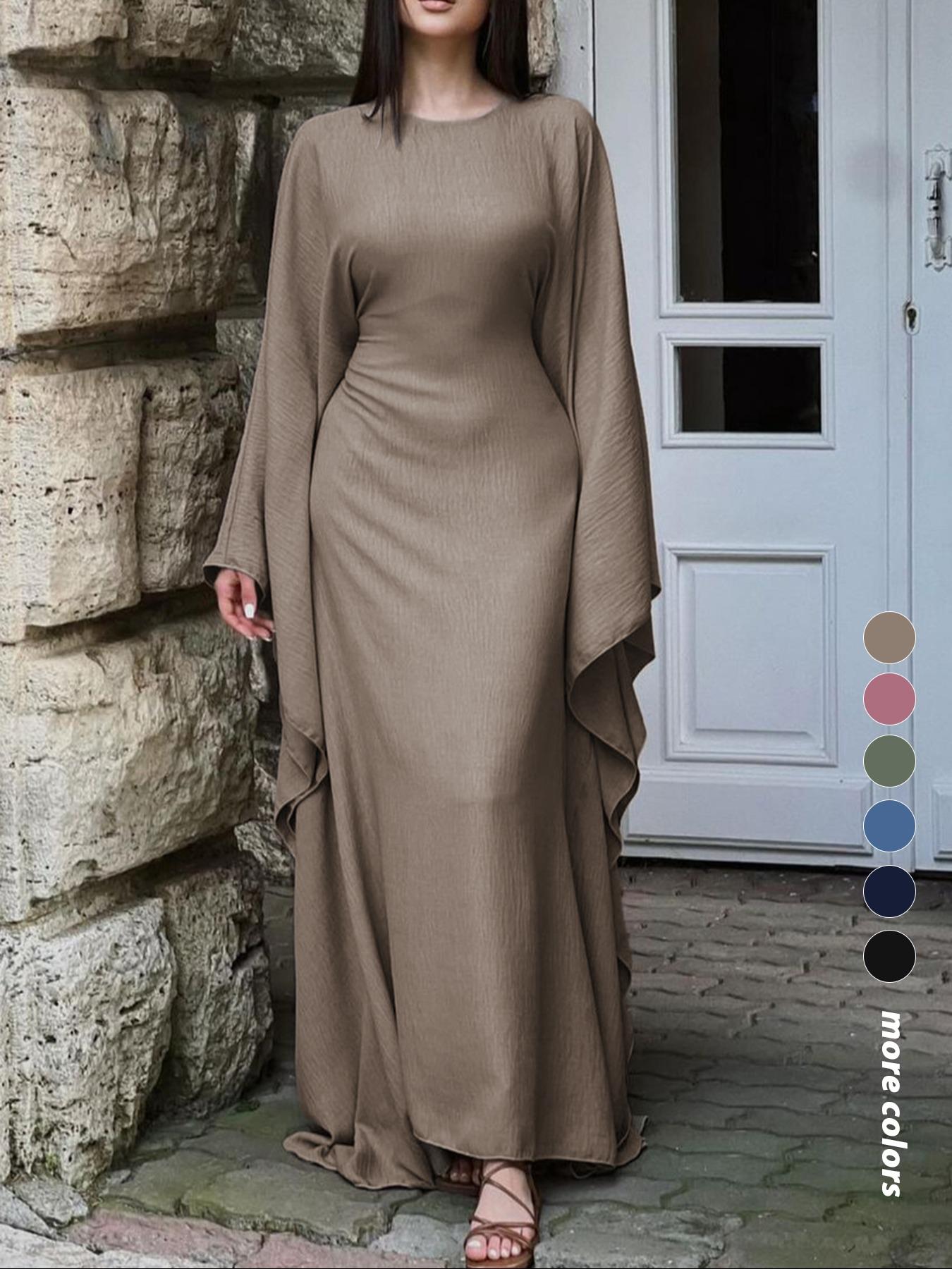 Women's Solid Color Loose-Fitting Batwing-Sleeve Long Dress, Casual Everyday Wear, Casual Daily Outfit, Womenswear, Minimalist Chic Summer Woven Fabric Dress, Perfect for Relaxed Outings