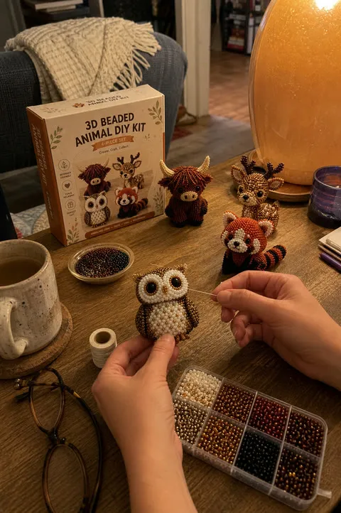 Adult crafting a beaded animal during a calm evening