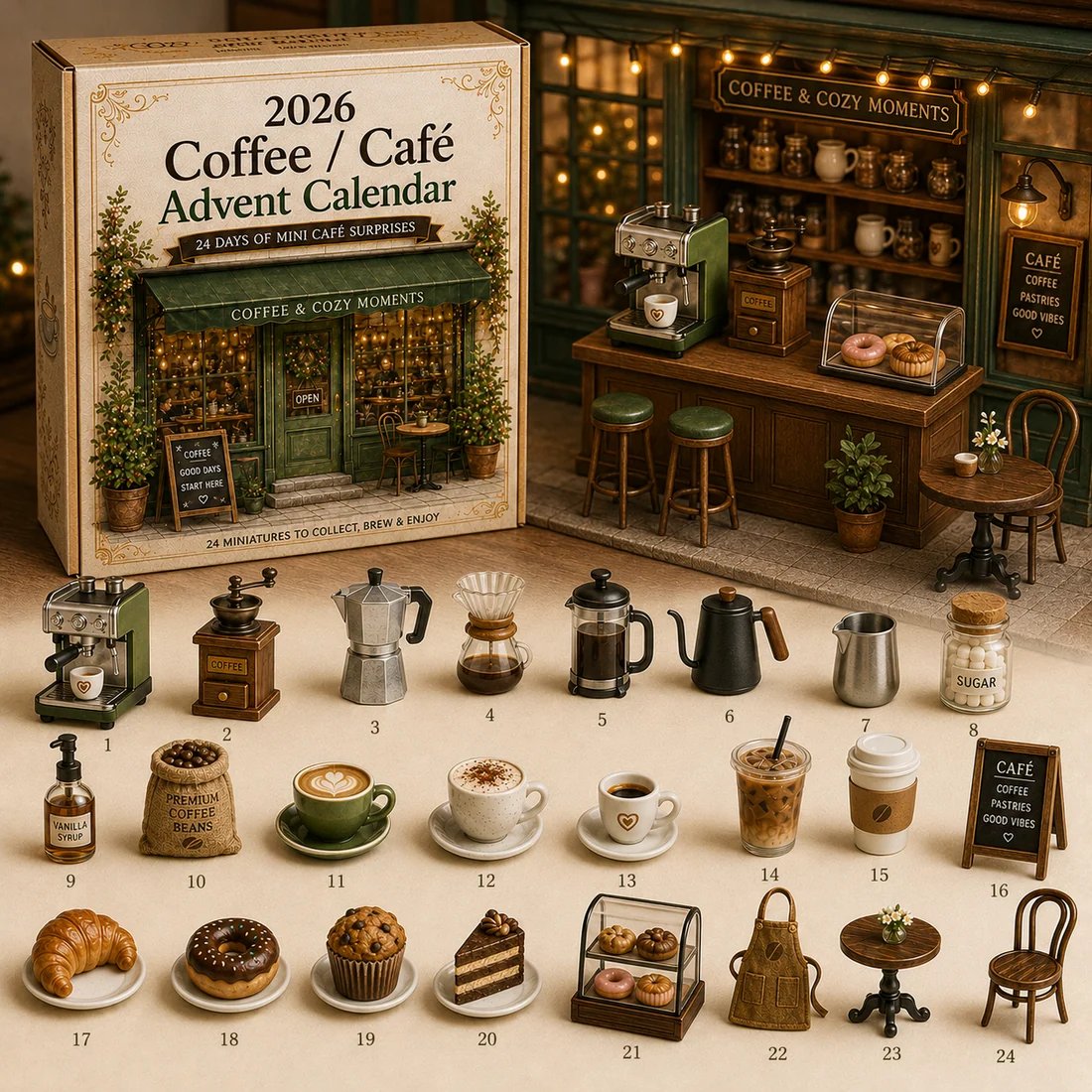 24 numbered miniature coffee shop pieces inside Cozy Cafe Advent Calendar