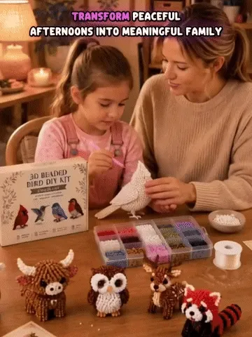 Family making and displaying 3D beaded animal crafts
